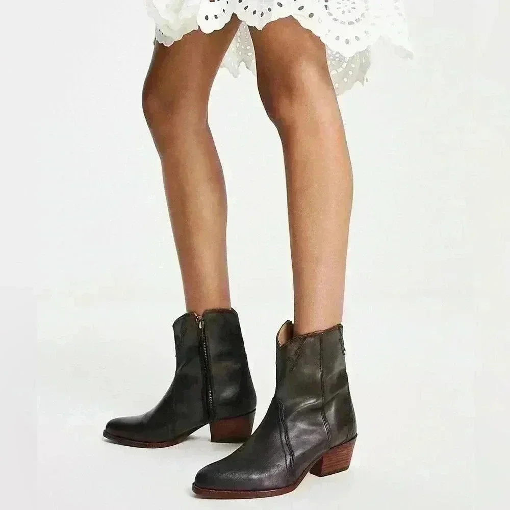 NEW Free People New Frontier Leather Block Heel Western Booties Size US 8.5M